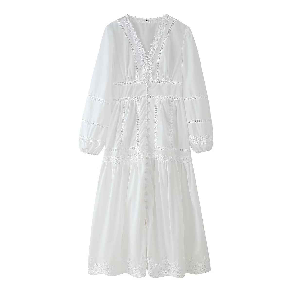 Robe longue décontractée à col en V, en dentelle ajourée avec boutons décoratifs
