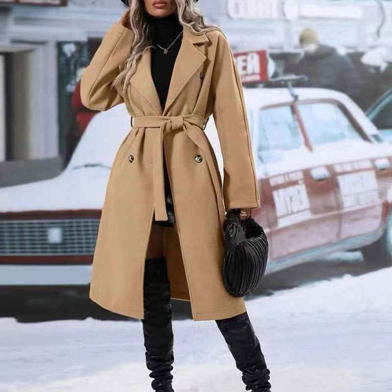Trench-coat long à double boutonnage avec ceinture