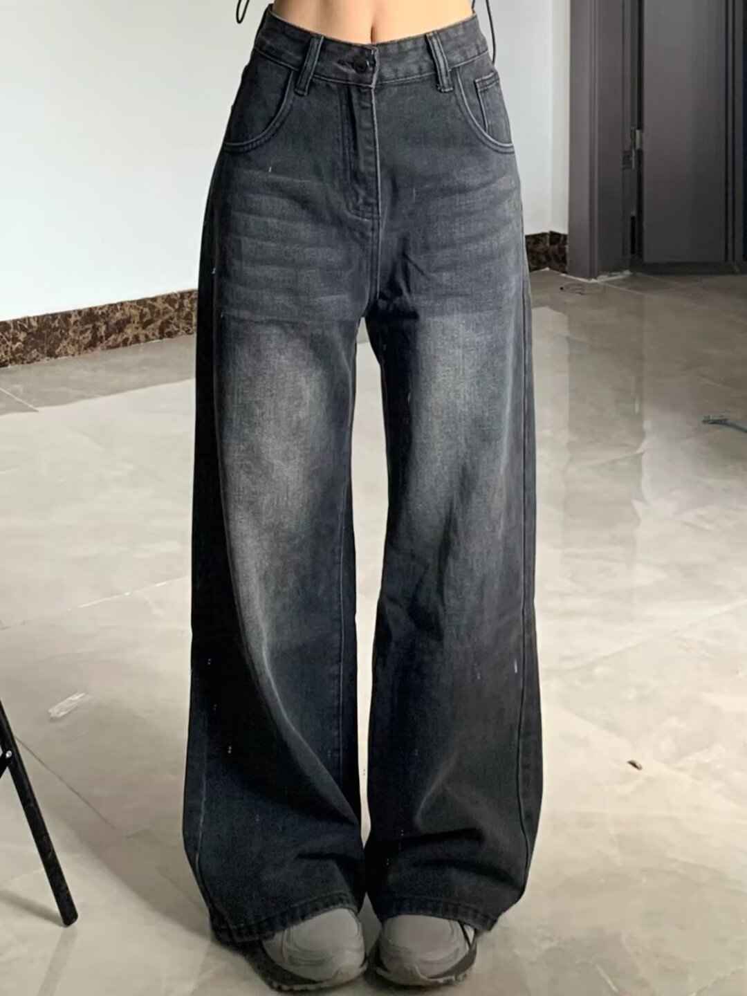 pantalon Jean lavé grande taille , jambe large