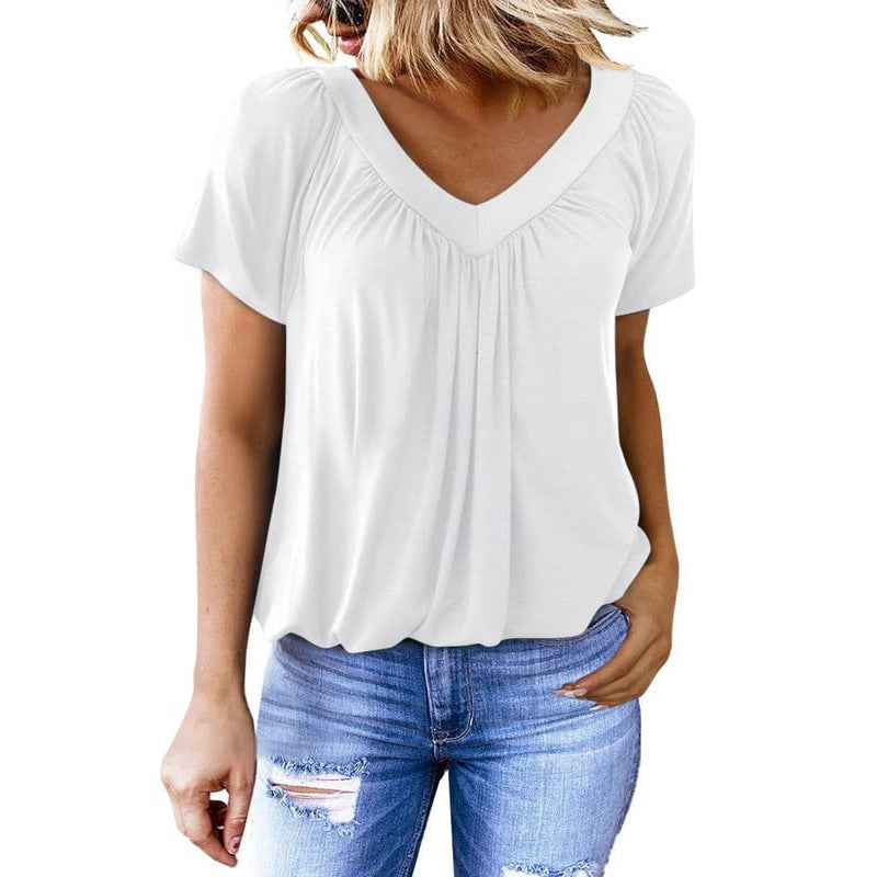 T-shirt pour femmes à manches courtes, col en V et couleur unie