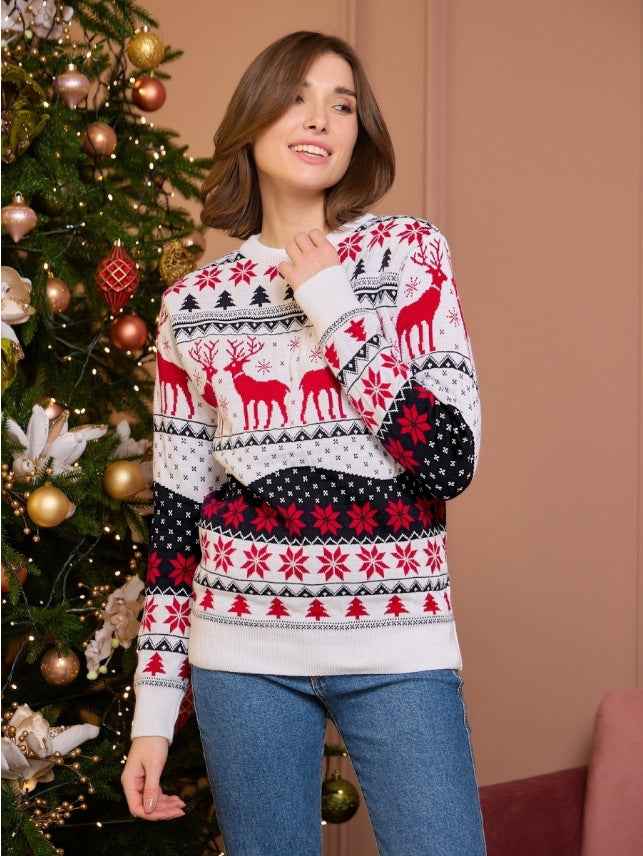 Pull à manches longues en jacquard d'élan de couple pour Noël, automne et hiver