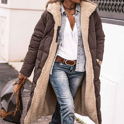 Manteau long à capuche de couleur unie, manches longues d'hiver, Pour Femme