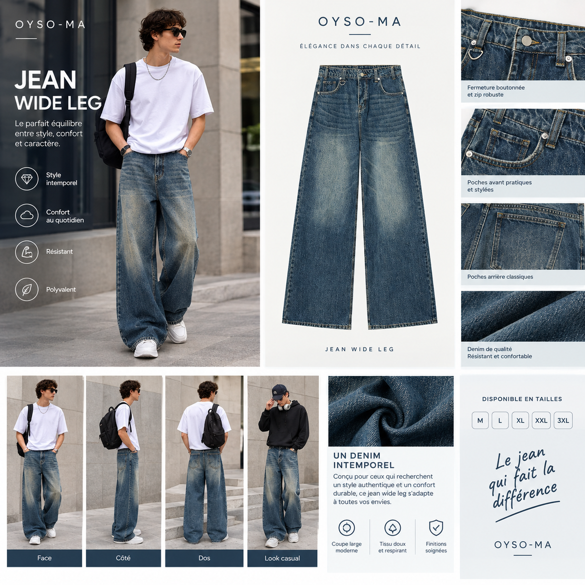 Jean large décontracté usé style rétro