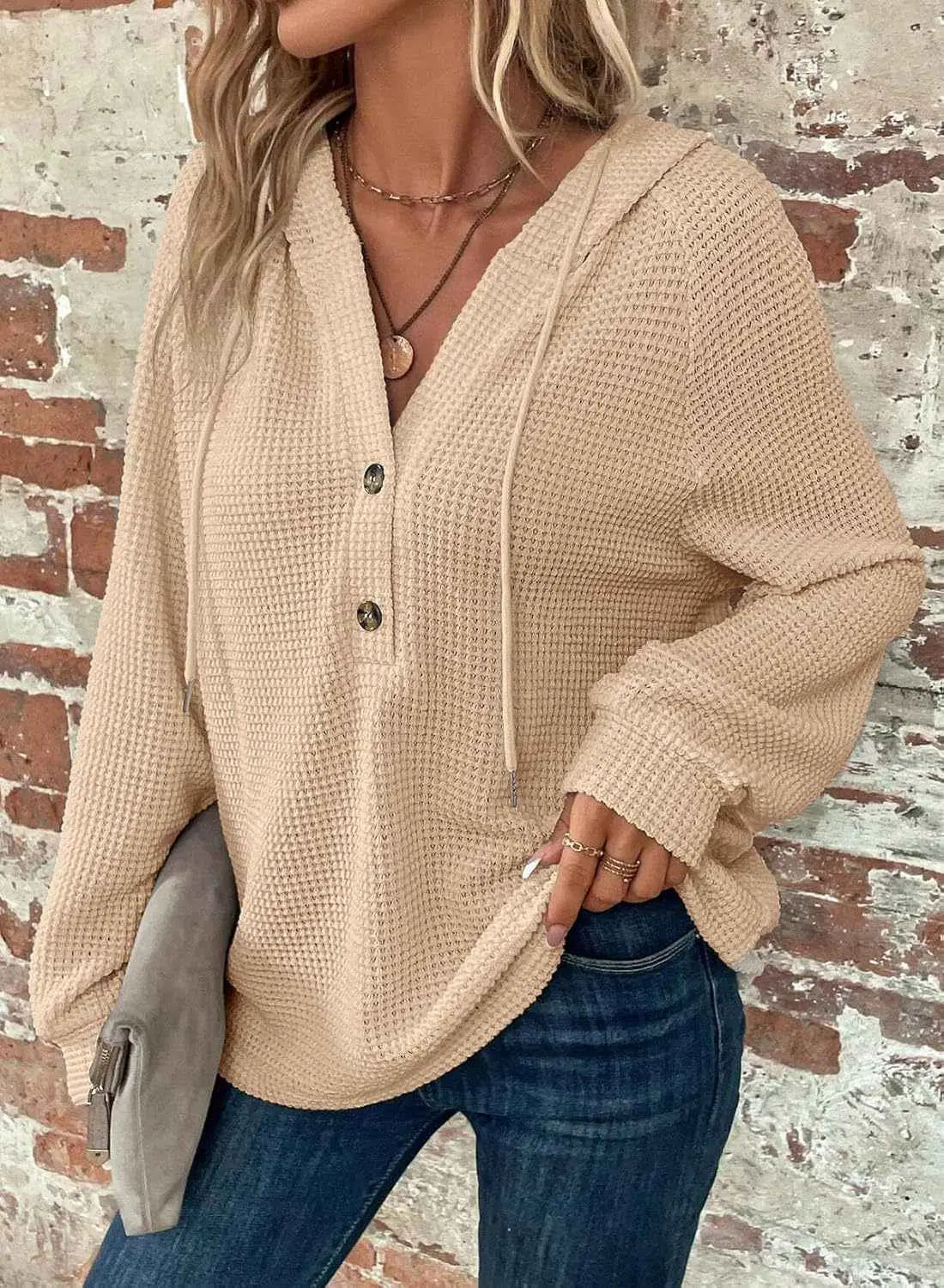 Waffle Hooded Sweater Sweatshirt Fashion Casual Long-sleeved Drawstring V-neck Buttons Top Women's Clothing