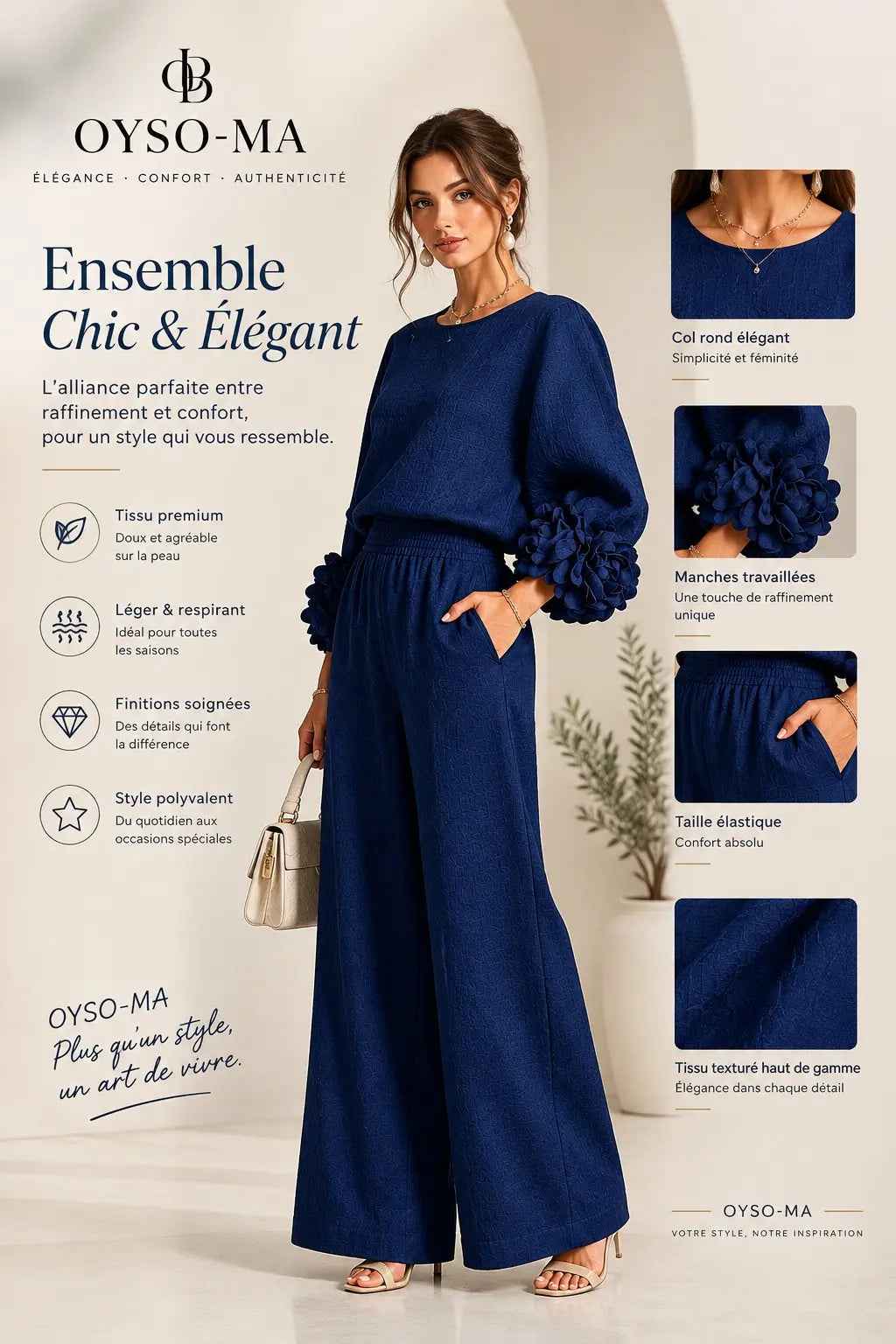 Ensemble haut à manches bouffantes à motif floral et pantalon large