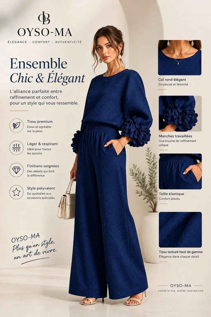 Ensemble haut à manches bouffantes à motif floral et pantalon large
