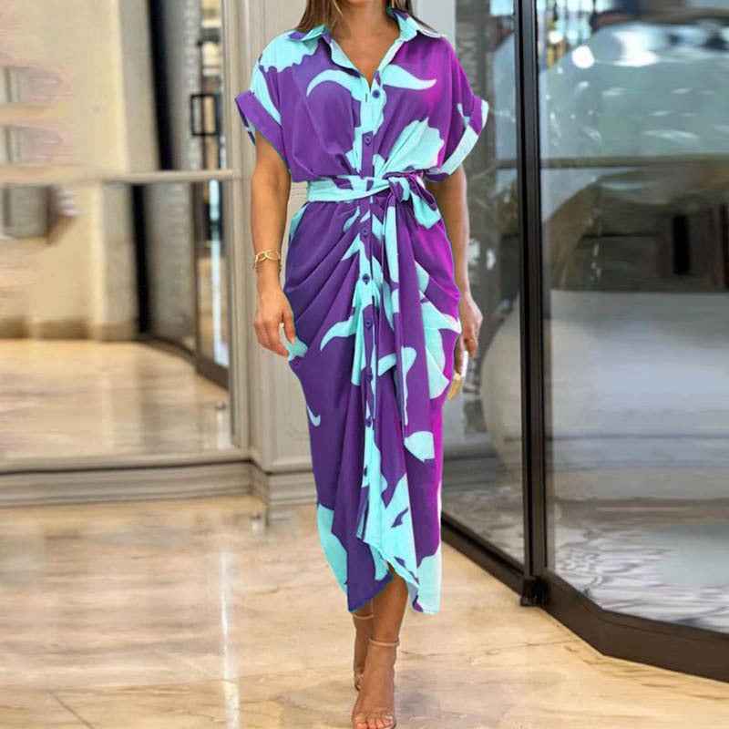 Robe blouse imprimé pour femmes avec col à revers, manches courtes et taille haute