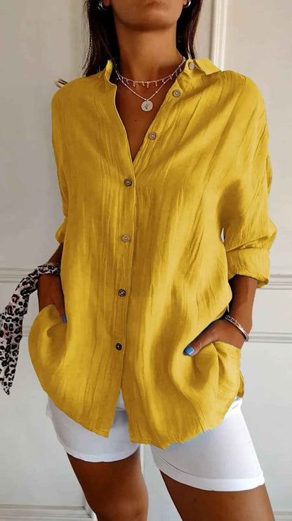 Lapel Long Sleeve Shirt Women's Single-breasted Pleated Shirt Tops Clothing