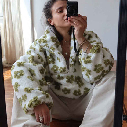 Sweatshirt en polaire avec fleurs d'hiver, style décontracté, pour femmes