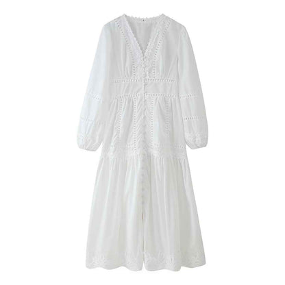 Robe longue décontractée à col en V, en dentelle ajourée avec boutons décoratifs