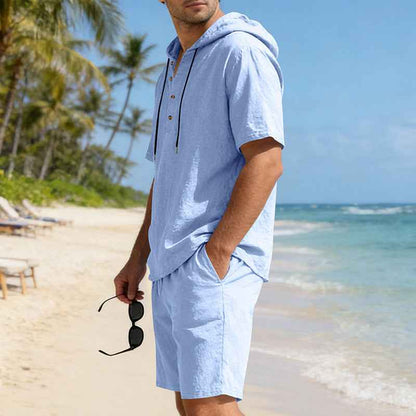 Men's Linen Hooded Casual Set - Loose Fit Breathable Two-Piece Outfit For Summer Daily Wear Holiday Outfit