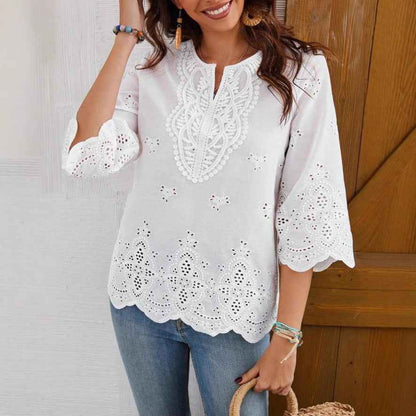 Chemise nouvelle arrivée à col en V bordé de dentelle