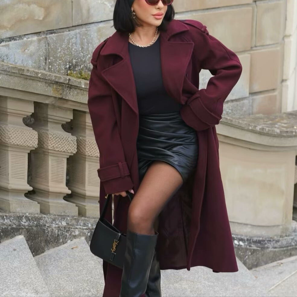 Manteau en laine à revers avec ceinture , trench long croisé
