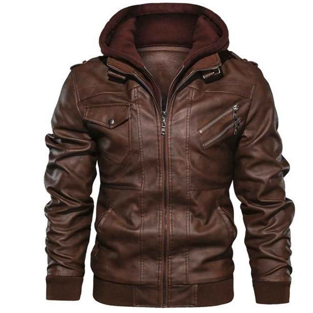 Veste Homme Manteau en Cuir PU avec Capuche Amovible