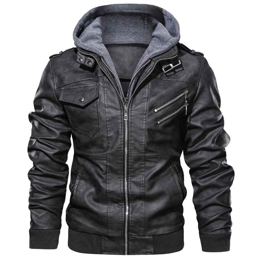 Veste Homme Manteau en Cuir PU avec Capuche Amovible