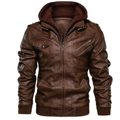 Veste Homme Manteau en Cuir PU avec Capuche Amovible