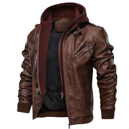 Veste Homme Manteau en Cuir PU avec Capuche Amovible