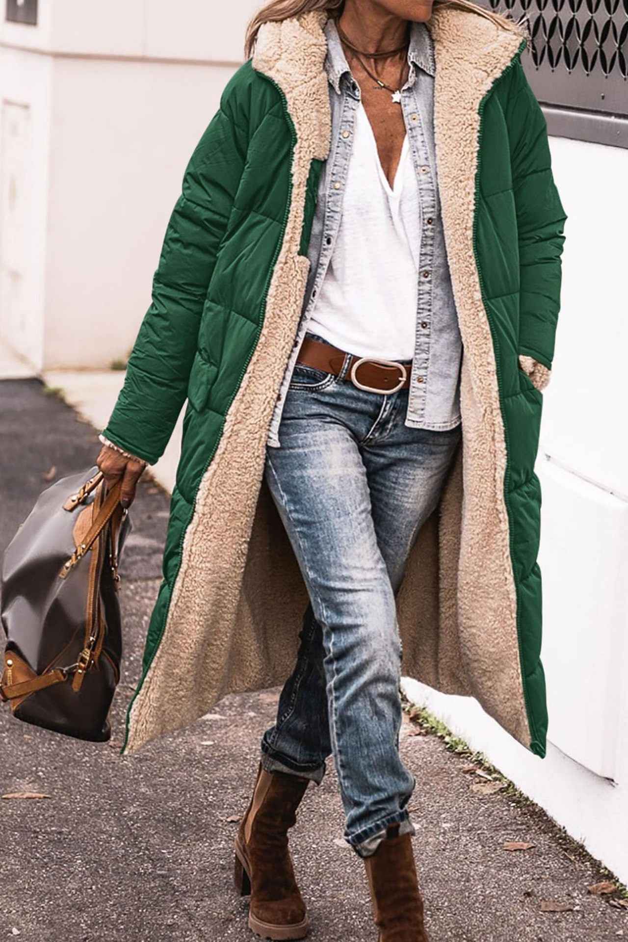 Manteau long à capuche de couleur unie, manches longues d'hiver, Pour Femme