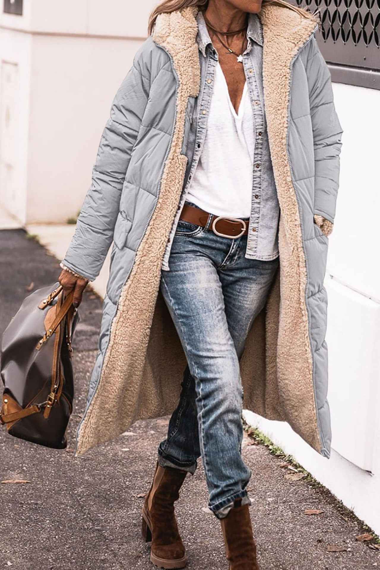 Manteau long à capuche de couleur unie, manches longues d'hiver, Pour Femme