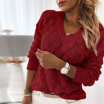 Pull en tricot Ins Feather Hollow à col en V pour femme