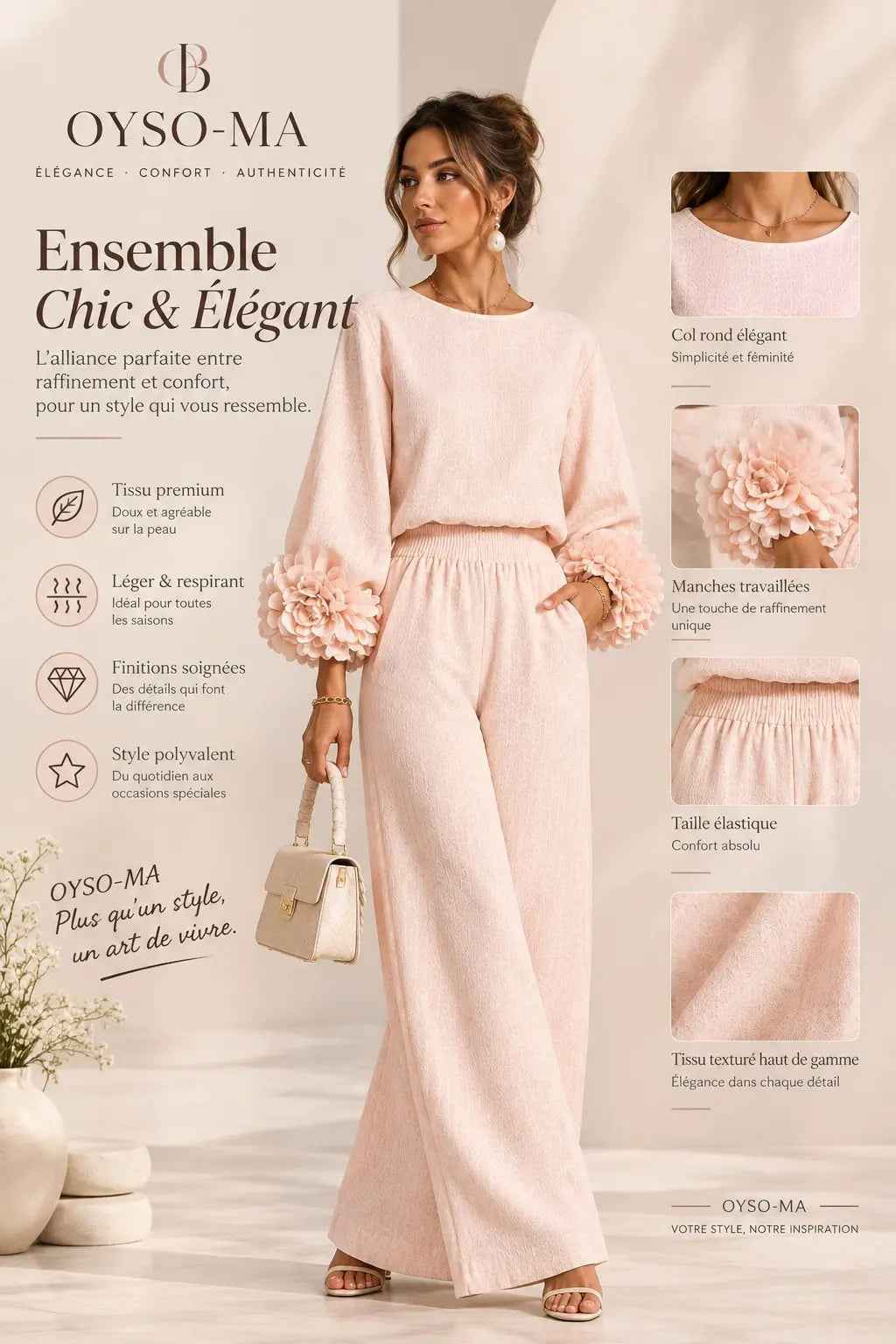 Ensemble haut à manches bouffantes à motif floral et pantalon large
