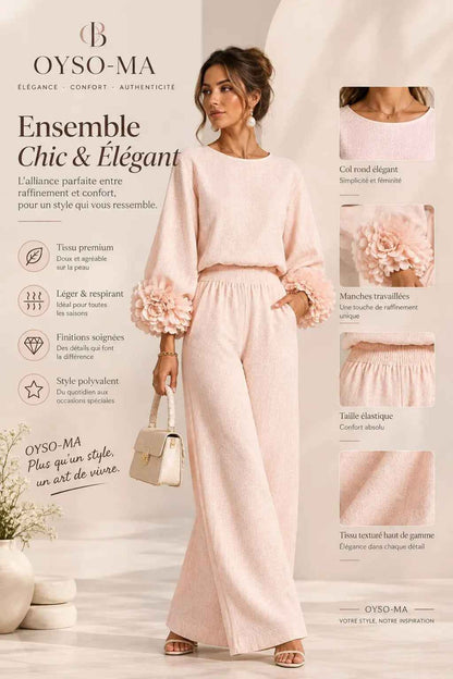 Ensemble haut à manches bouffantes à motif floral et pantalon large