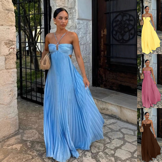 Robe à bretelles sans manches plissée Ins, taille haute creuse, robe dos nu pour soirée, fête, club pour femmes