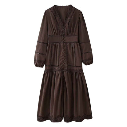 Robe longue décontractée à col en V, en dentelle ajourée avec boutons décoratifs
