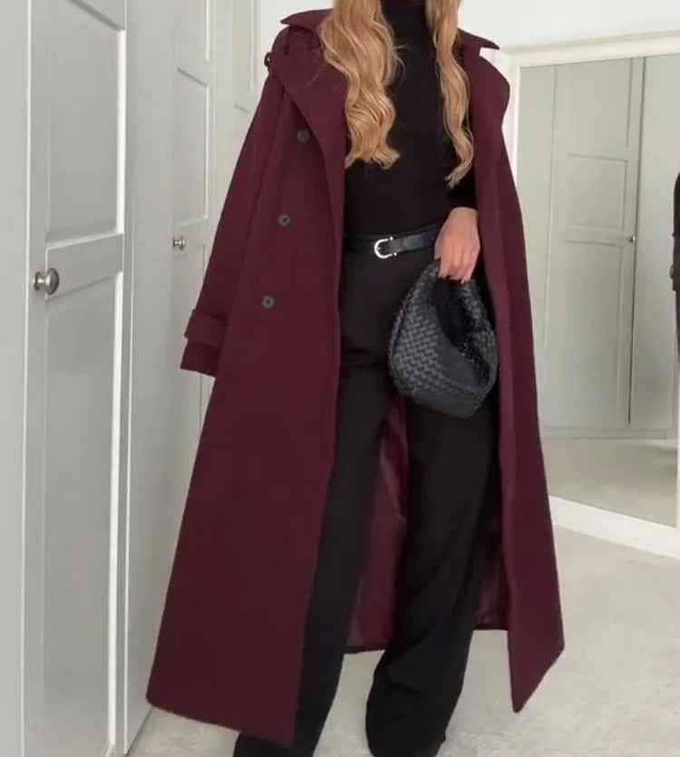 Manteau en laine à revers avec ceinture , trench long croisé