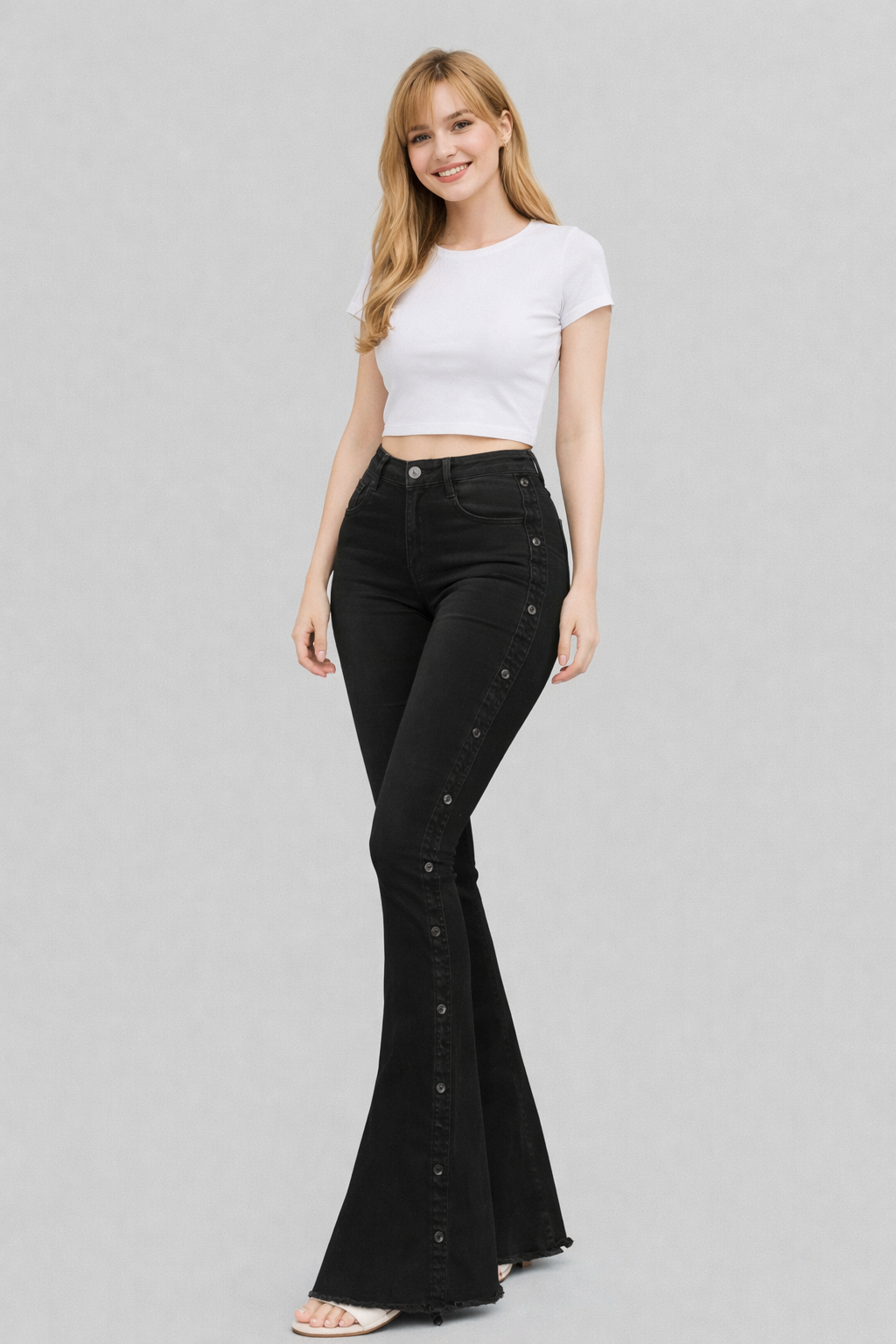 flared and stretch denim trousers
