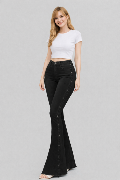flared and stretch denim trousers