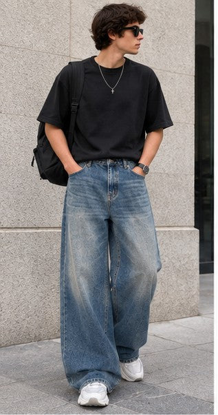 Jean large décontracté usé style rétro