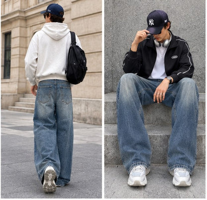 Jean large décontracté usé style rétro