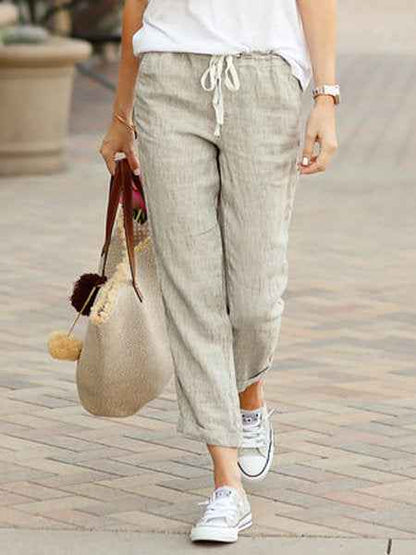pantalon en coton et lin à taille élastique