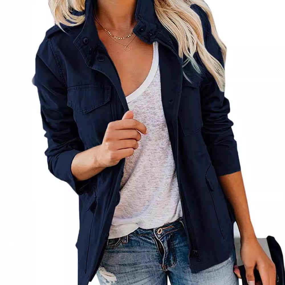 Veste décontractée pour femme à fermeture éclair, col à revers