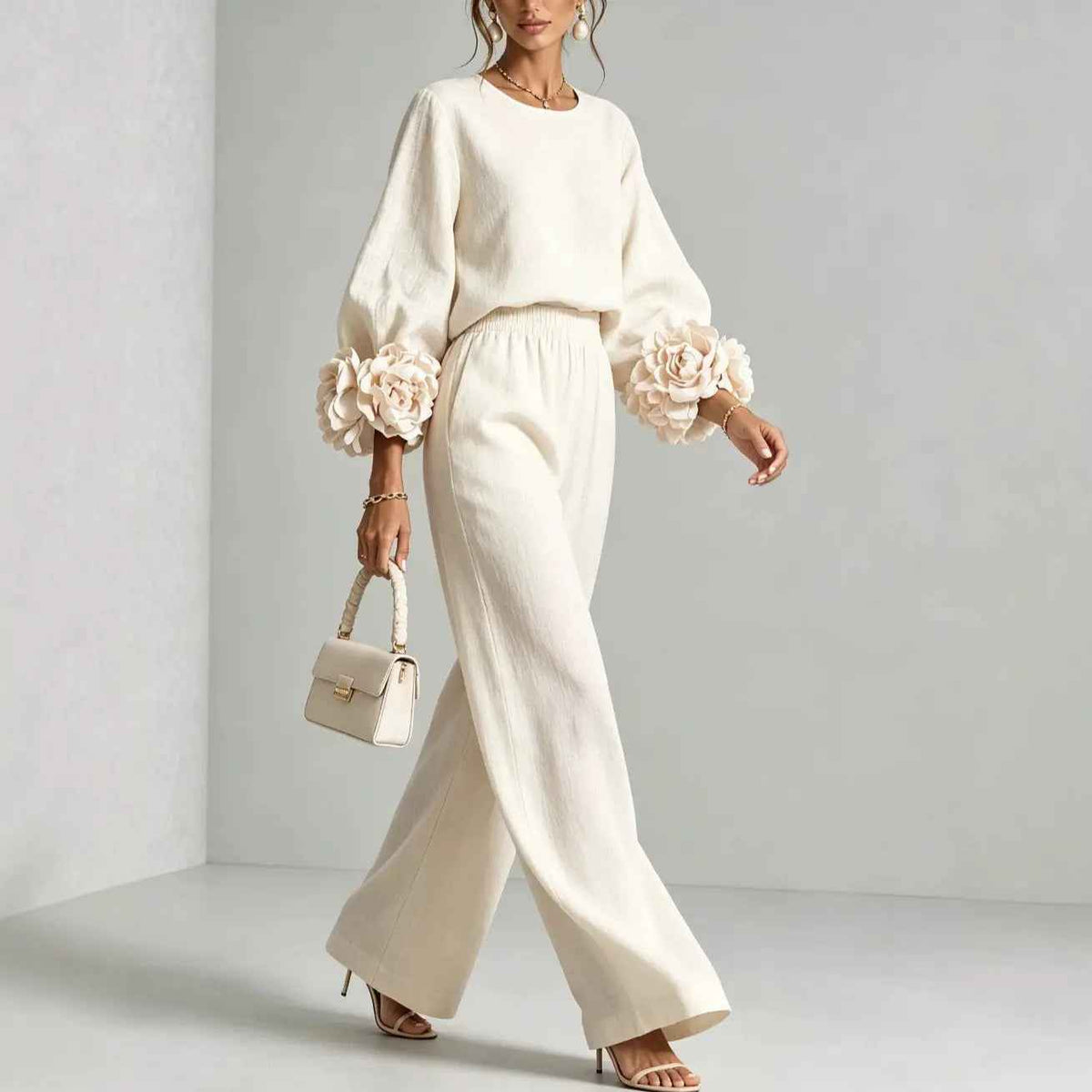 Ensemble haut à manches bouffantes à motif floral et pantalon large