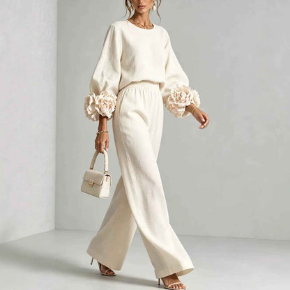 Ensemble haut à manches bouffantes à motif floral et pantalon large
