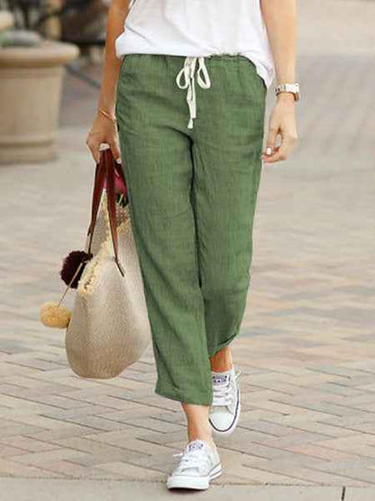 pantalon en coton et lin à taille élastique