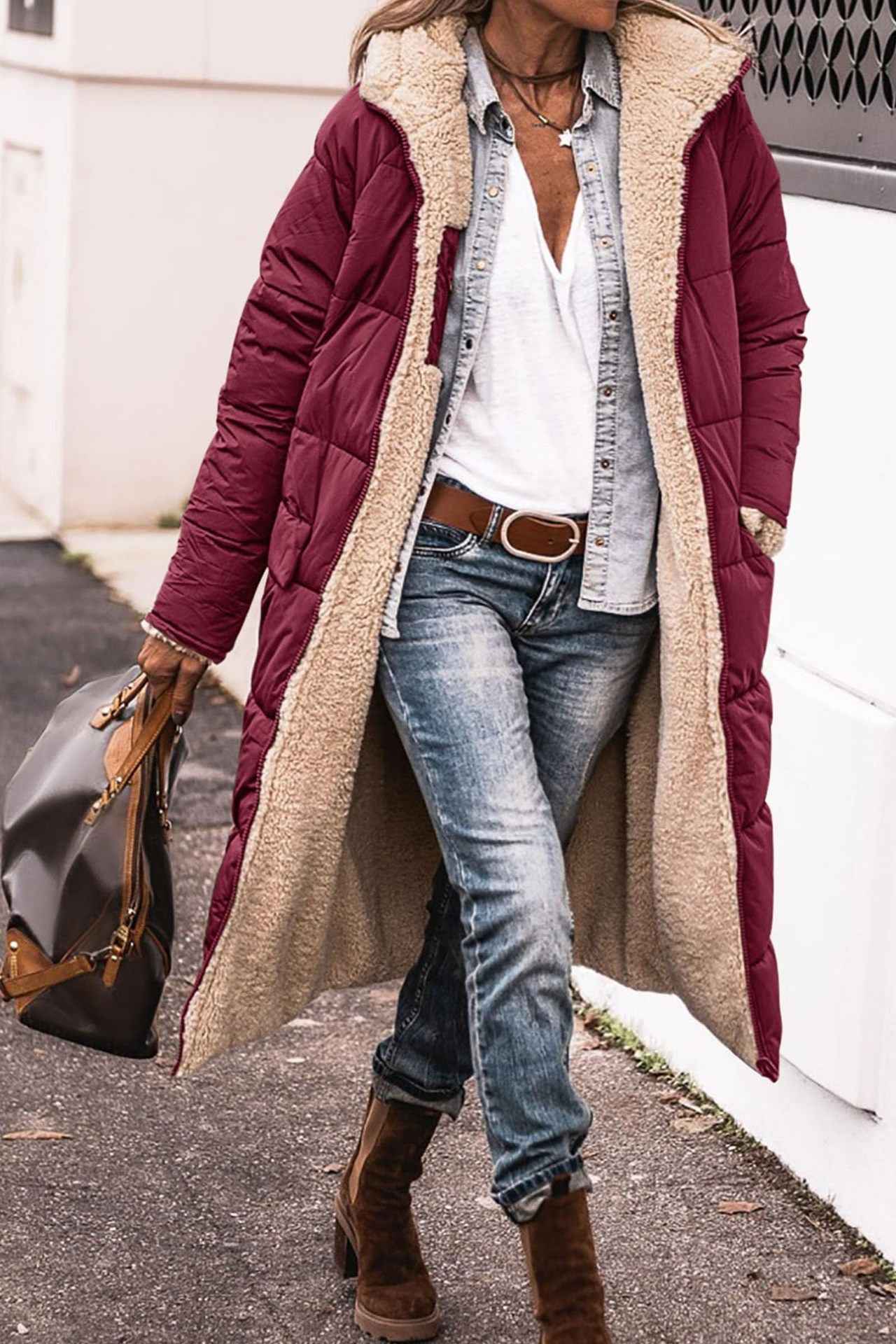 Manteau long à capuche de couleur unie, manches longues d'hiver, Pour Femme