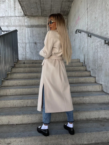 Veste à col cranté croisée avec ceinture, mode hiver, manches longues, boutons, manteaux quotidiens pour femmes