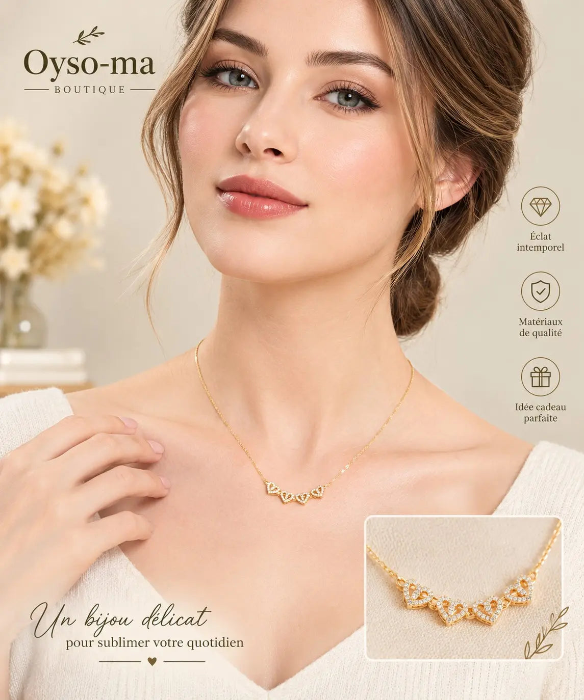 Collier Magique 2-en-1 – Trèfle Porte-Bonheur & Cœurs Alignés (Doré ou Argenté)