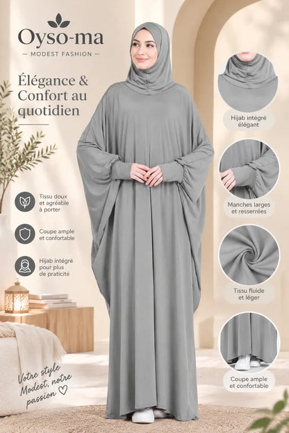 Robe Hijab à manches chauve-souris unie avec pochette