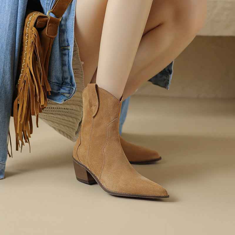 Bottines à talon moyen épais en cuir mat à la mode