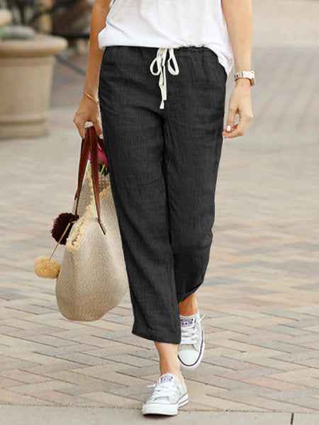 pantalon en coton et lin à taille élastique