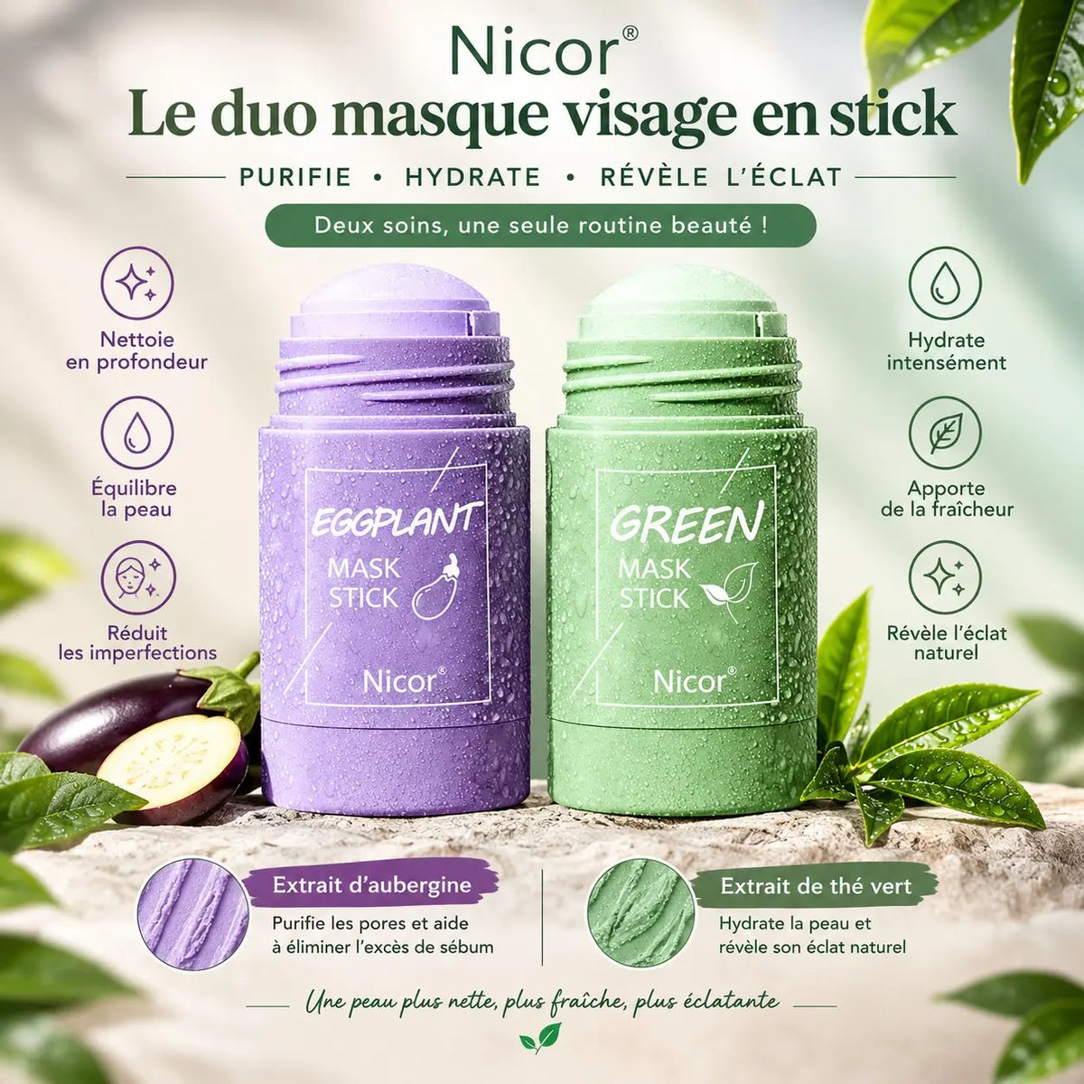 Duo de Masques Visage en Stick Nicor – Green & Eggplant | Soin Purifiant et Éclat