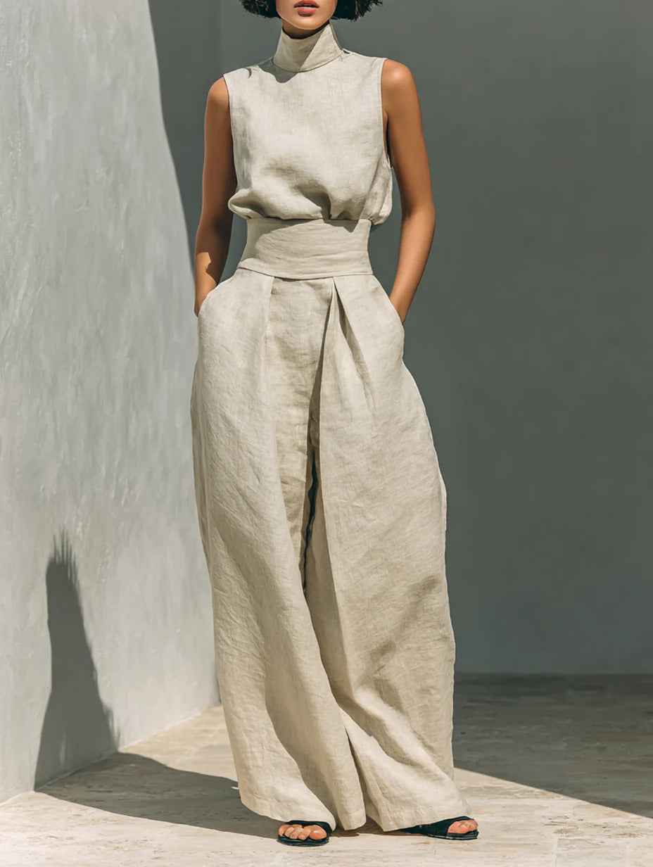 Casual Sleeveless Suit Summer Stand-up Collar Pullover Top And Loose Straight-leg Trousers Women's Clothing