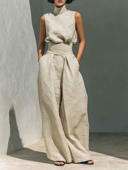 Casual Sleeveless Suit Summer Stand-up Collar Pullover Top And Loose Straight-leg Trousers Women's Clothing