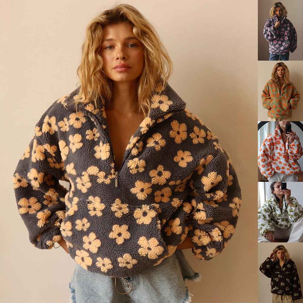 Sweatshirt en polaire avec fleurs d'hiver, style décontracté, pour femmes