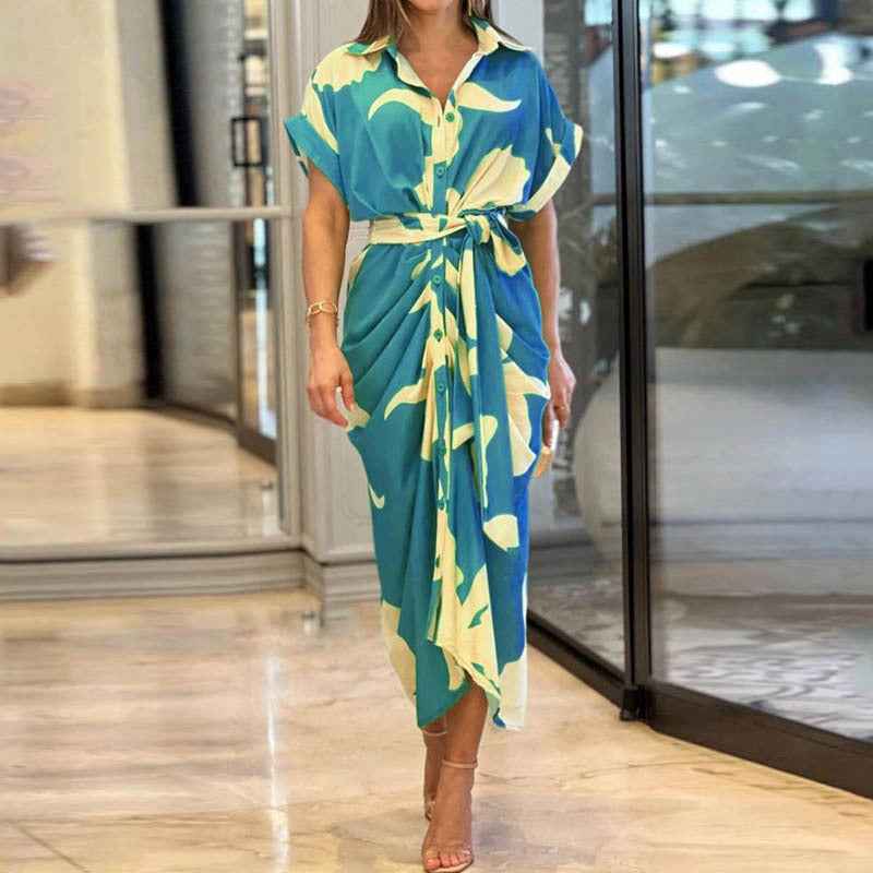 Robe blouse imprimé pour femmes avec col à revers, manches courtes et taille haute