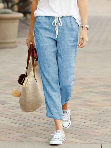 pantalon en coton et lin à taille élastique